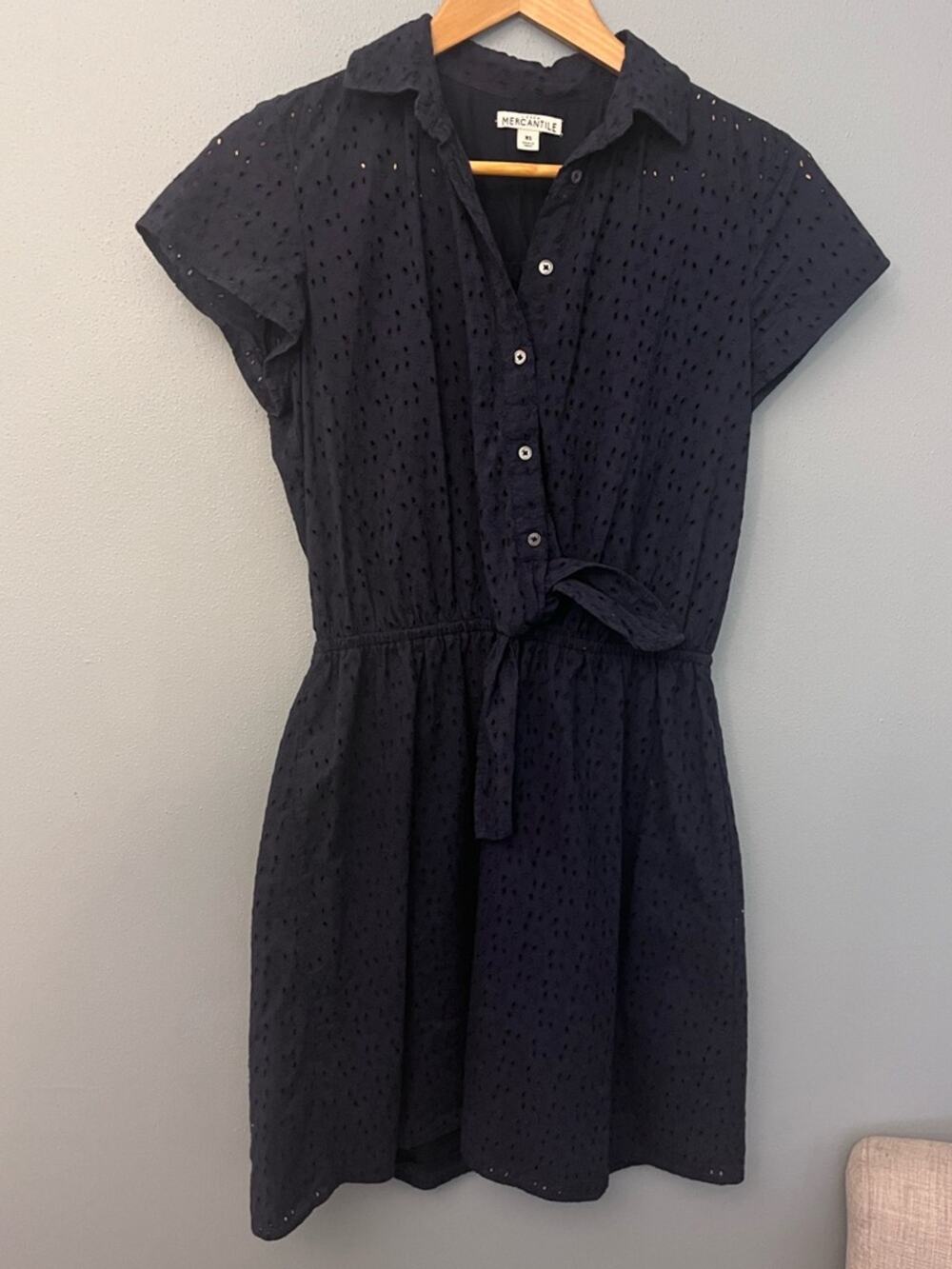 J. Crew Navy Eyelet Tie-Waist Shirt Dress